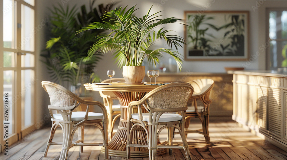 A picturesque dining room setting with an Areca palm as a focal point, surrounded by a cozy rattan dining set and a polished wooden table, creating a welcoming ambiance on a wooden floor. 8K.