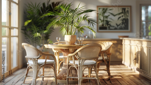 A picturesque dining room setting with an Areca palm as a focal point, surrounded by a cozy rattan dining set and a polished wooden table, creating a welcoming ambiance on a wooden floor. 8K. © Sumia