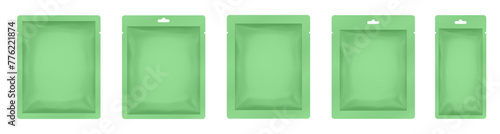 Green paper sachet or pouch. Vector bags mockup, wet wipes paper or foil packs. Cosmetics samples. Moisturizing sheet face mask	