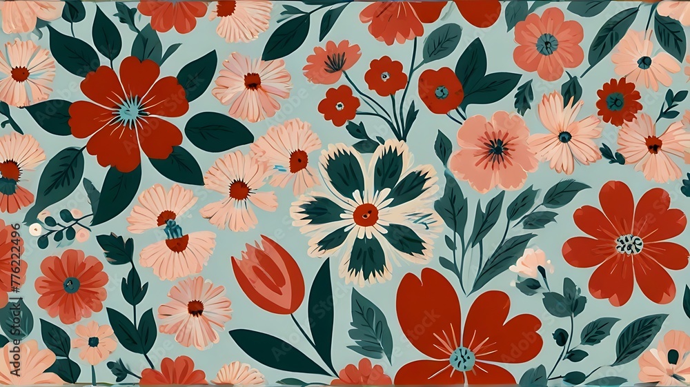 Seamless Pattern with Red Flowers and Green Leaves on White Background Seamless Pattern with Red Flowers and Green Leaves on White Background
