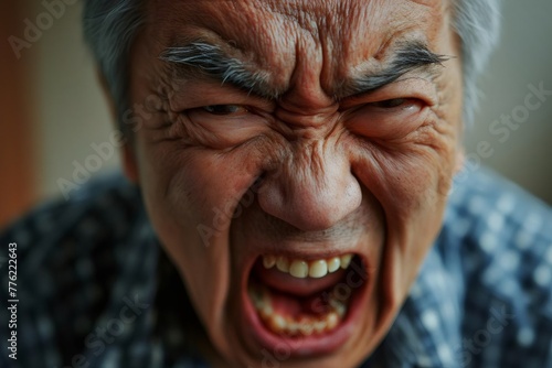 Close up Portrait of an angry furious Asian senior grey-haired man yelling and screaming and shouting with wide opened mouth on isolated background
