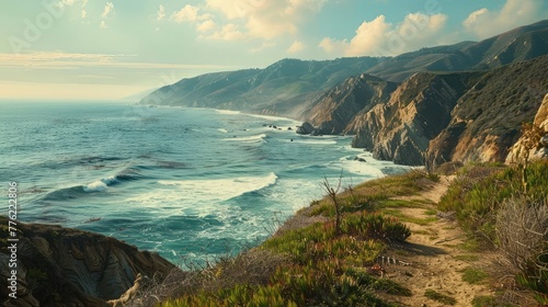 A picturesque coastal hiking trail overlooking the ocean, with rugged cliffs and crashing waves providing an invigorating backdrop for outdoor exercise and adventure.