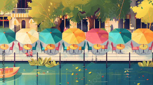 Flat illustration of an aerial panoramic view of umbrellas by the riverside

