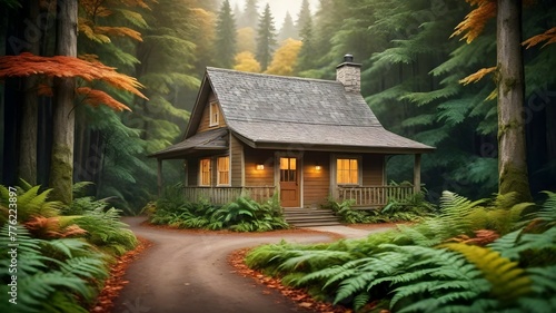 Small house in the middle of a lush fall forest. The house is surrounded by tall trees and ferns  and there is a winding path leading up to the front door.