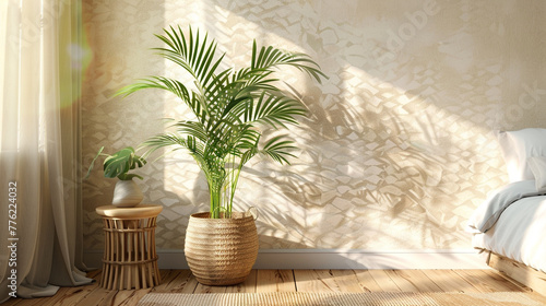 A tranquil bedroom setting with a wooden floor, showcasing a lush Areca palm in a rattan planter against a subtly patterned wall mockup. A sleek wooden table adds a touch of sophistication. 8K photo