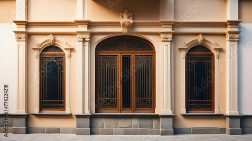 a colonial architecture  basked in the morning light  with ornate wooden window frames and built of old stones.