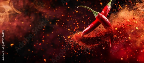 Red chili pepper floating in mid-air surrounded by swirling dust particles photo