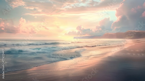 A secluded beach at dawn, where the sky is painted in soft pastel hues, and the gentle waves lap against the shore, creating a tranquil scene. photo