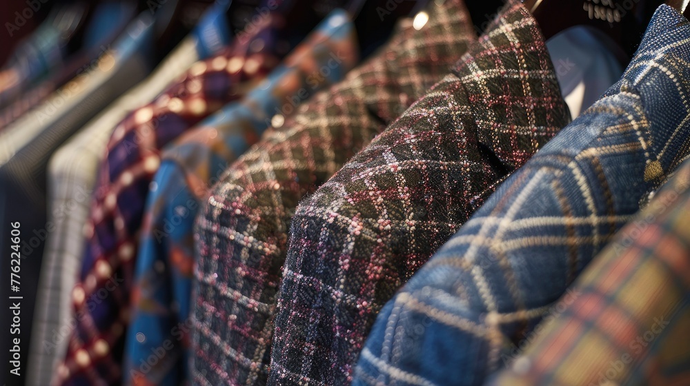 Close-up of a rack showing an array of stylish and fashionable men's jackets in a variety of colors and patterns, including tartan and patterned ties. Close-up of a rack showing an array of stylish and fashionable men's jackets in a variety of colors and patterns, including tartan and patterned ties.