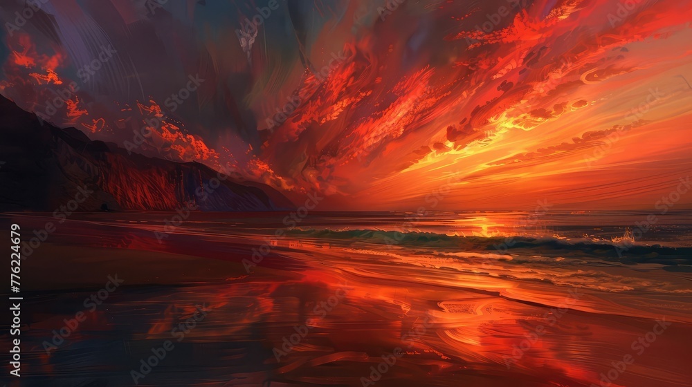 A secluded beach at dusk, where the sky is ablaze with fiery hues of orange and red, and the tranquil sea reflects the colors of the setting sun.