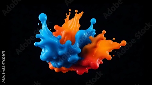 Paint drop. Ink water. Cold flame. Burning ice. Red orange blue color gradient glowing glitter fluid splash on dark black abstract art Background.