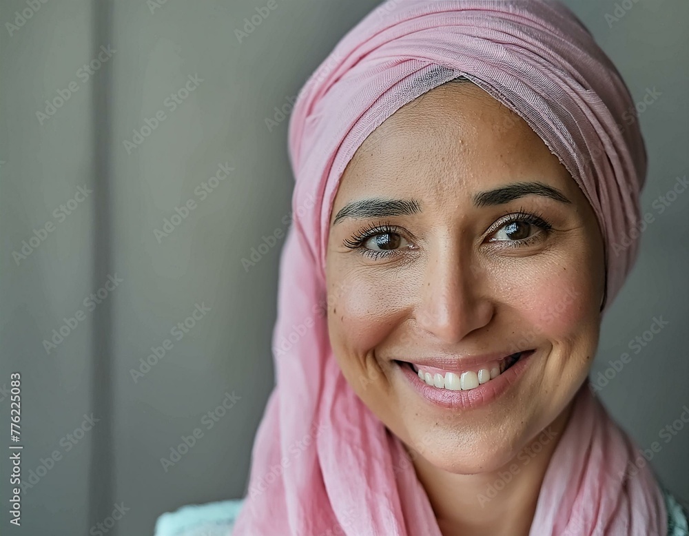 Portrait of Hope and Resilience: Smiling Cancer Survivor in Pink Headscarf Post-Chemotherapy Treatment Portrait of Hope and Resilience: Smiling Cancer Survivor in Pink Headscarf Post-Chemotherapy Treatment