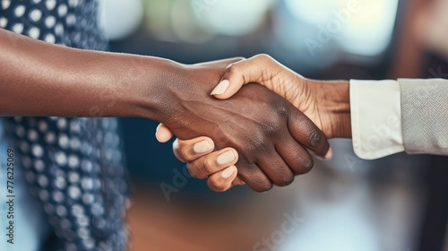 Close-up of two businessmen shaking hands in the office, conveying the concept of a successful handshake with a blurred background. The main focus is on their hands. photo