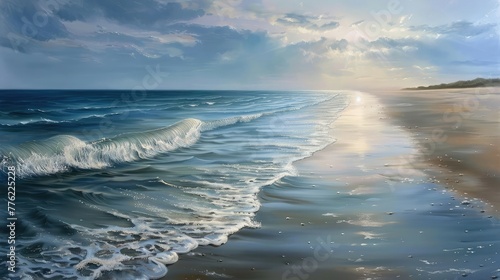 A secluded beach bathed in the soft light of dawn, the gentle waves lapping against the shore in a soothing rhythm.