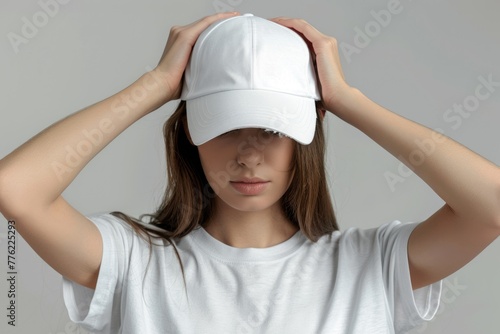 White baseball cap mockup template on womans head.