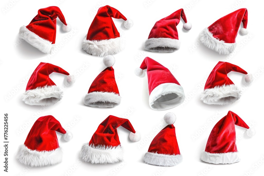 Red Santa hats on white background. Red Santa hats on white background.