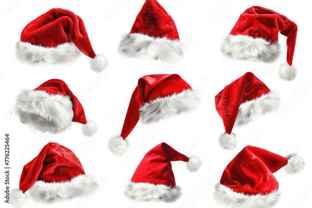 Red Santa hats on white background. Red Santa hats on white background.