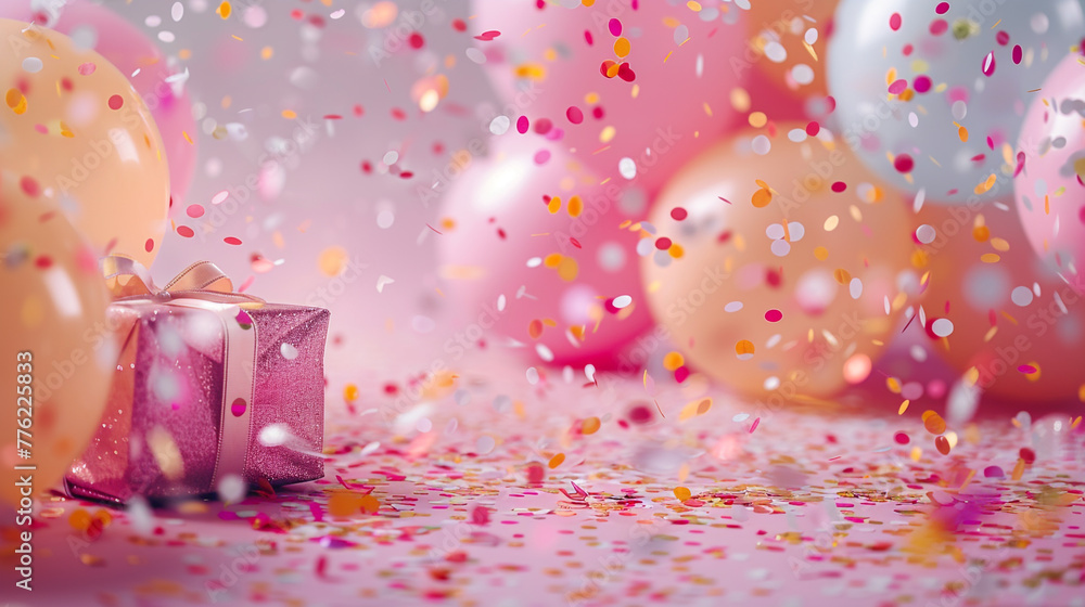 Close-up shot capturing the intricate details of balloons, a dazzling gift box, and sparkling confetti on a soft pink surface, creating a visually stunning scene. 32K.