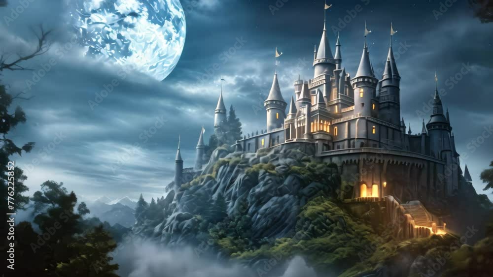 An enchanting image of a medieval castle surrounded by darkness, bathed ...