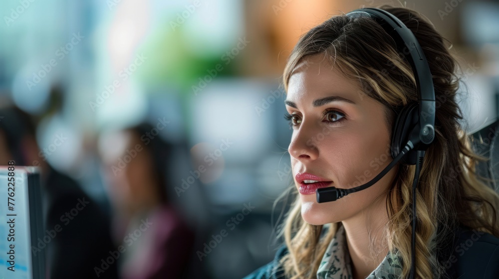 A female call center operator wearing a headset sits in front of a computer. A female call center operator wearing a headset sits in front of a computer.