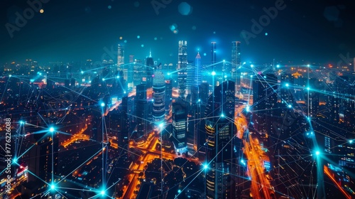 Imaginative visual of smart digital city with globalization abstract graphic showing connection network. Concept of future 5G smart wireless digital city and social media networking systems