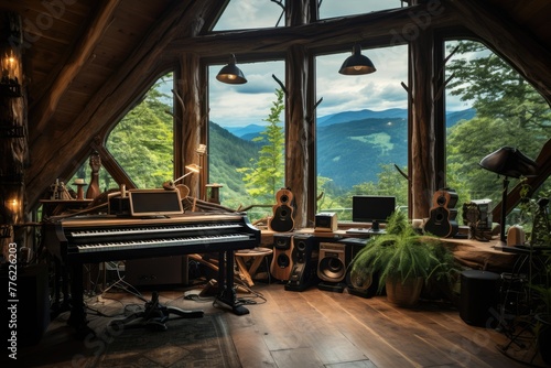 Recording studio  A rustic recording studio in a log cabin amidst mountains  AI generated