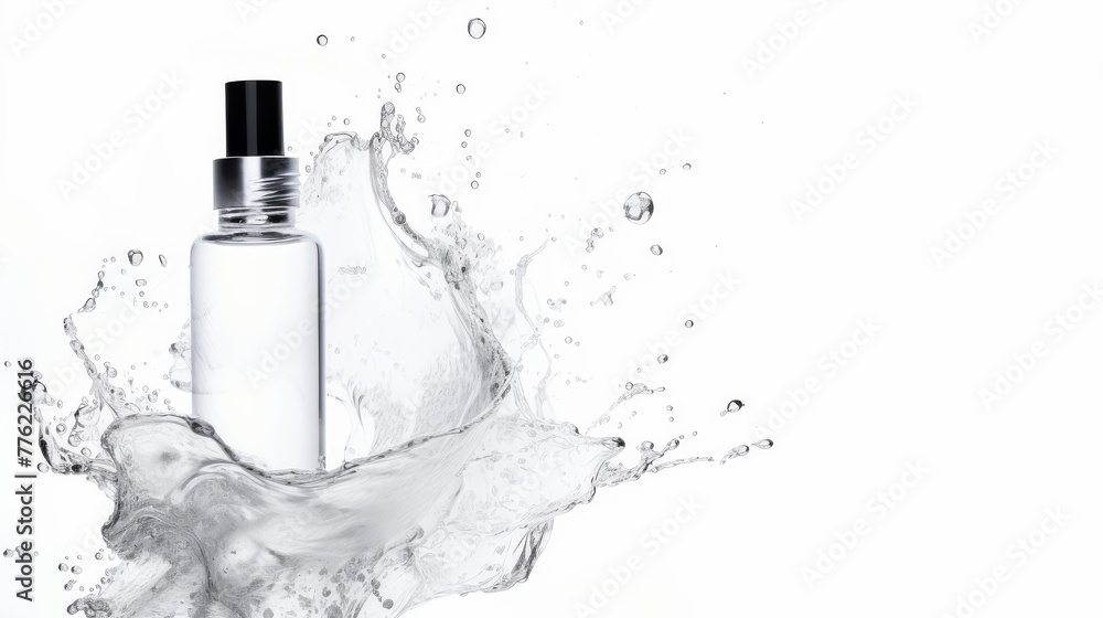 glass cosmetic bottle for tonic or serum on white background with water splash, moisturizing cosmetic product concept, mock up glass cosmetic bottle for tonic or serum on white background with water splash, moisturizing cosmetic product concept, mock up