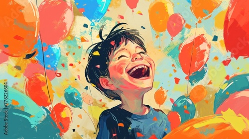 Watercolor of a happy little boy with dark hair surrounded by colorful balloons of different sizes and bright colors. The background is a splash of color, mostly in shades of blue, orange and red.
