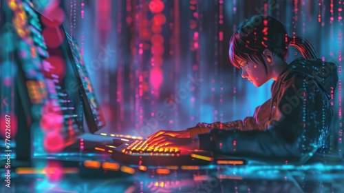 A hacker girl sits in front of a computer and types on the keyboard. She has dark hair and wears glasses. The room is dark, the computer screen is on. The background is a cityscape with neon lights.