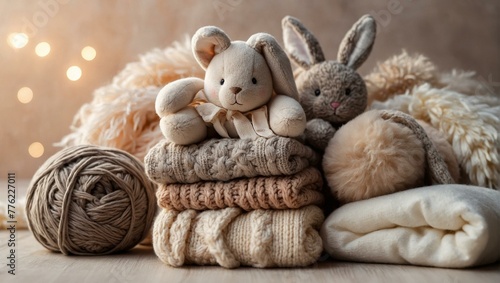 Warm, soft plush bunnies and knitted items creating a cozy, homely atmosphere