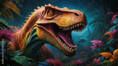 Realistic depiction of a dinosaur roaring amidst lush prehistoric flora, embodying ferocity and ancient life