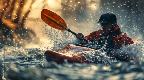 Kayak Conquering the Sunlit River Rapids © Paula