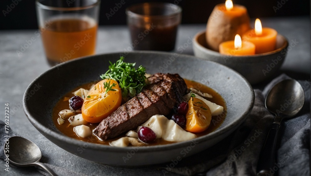 Elegant fine dining experience with a succulent grilled beef steak, poached egg, and vegetables on a ceramic plate, lit by candlelight Elegant fine dining experience with a succulent grilled beef steak, poached egg, and vegetables on a ceramic plate, lit by candlelight