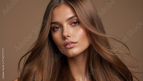 Portrait of a striking young woman with long wavy hair and natural makeup, against a tan background