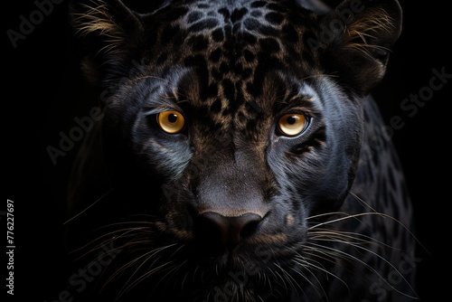 minimalistic design black leopard, panthera pardus, walking towards, staring at the camera and showing