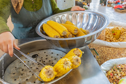 Steamed corn on the cob at a market in Bukhara.