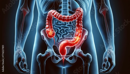 Visual Guide - Medical Illustration. A detailed medical illustration set against a dark blue backdrop, showcasing the inflamed appendix indicative of appendicitis.