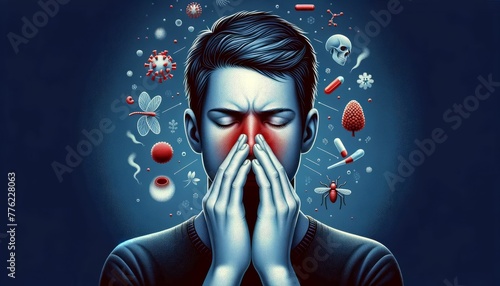 Allergic Reaction and Immune Response Medical Illustration. Anatomical depiction of a person experiencing an allergic reaction, with immune system elements and allergens.