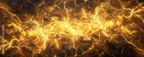 Vibrant golden lightning energy dynamic texture background, magic, power, electrical power, neurons in brain on with focus effect. Synapse and Neuron cells sending electrical chemical signals. 