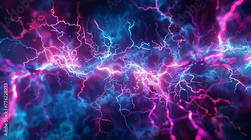 Thunderstorm lightning in blue purple pink, Abstract electric lightning in vivid blue and pink hues, symbolizing conflict and confrontation.