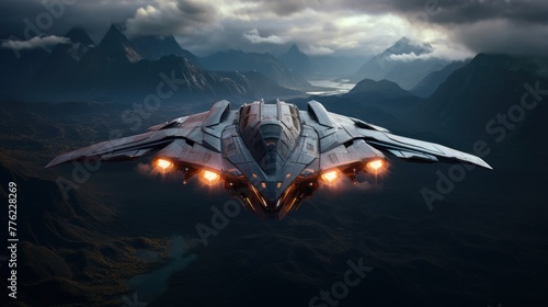 A futuristic spaceship with glowing orange engines flies over a dark mountain range.