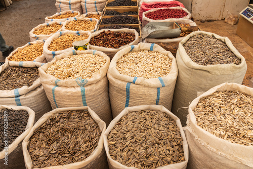 Spices and dried food for sale at a market in Bukhara.