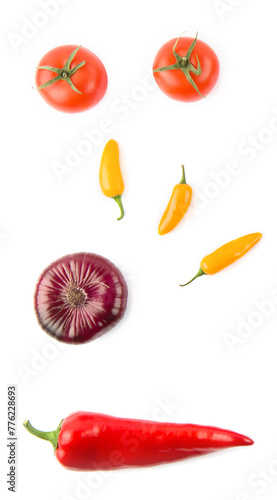 Set of vegetables isolated on a white. Vertical photo. View from above.