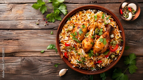 Chicken biryani in a bowl on wooden table