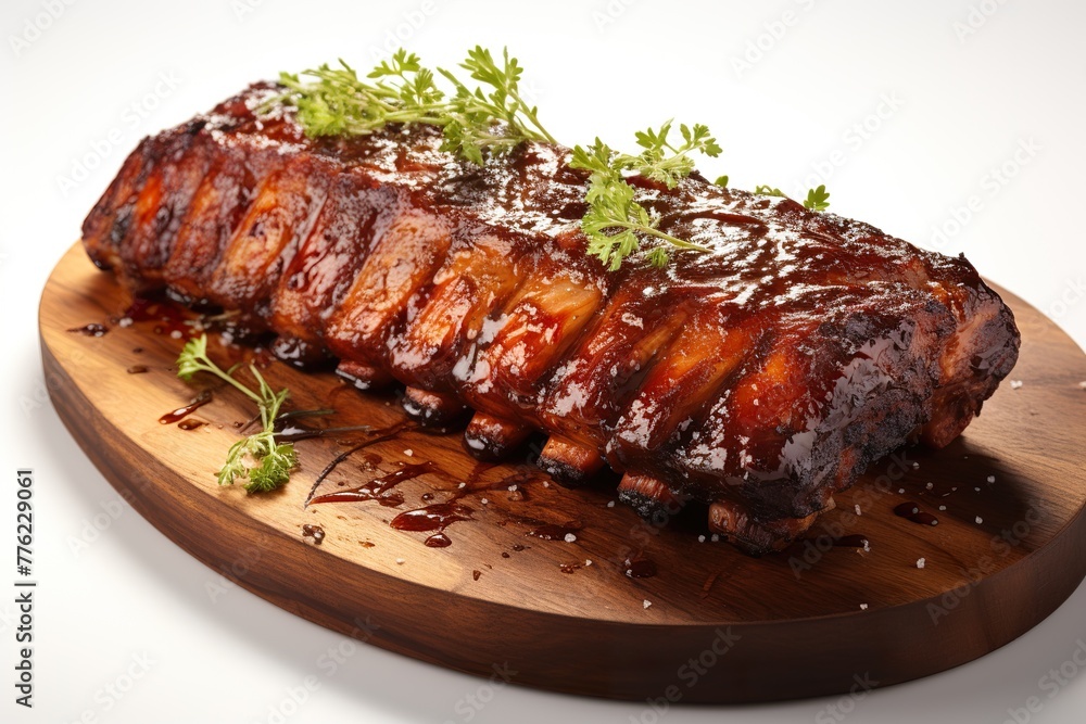minimalistic design Delicious barbecued spare ribs. Tasty bbq meat, isolated on white background
