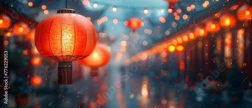 Chinese New Year red lantern celebration in a blurred street at night. Concept Chinese New Year, Red Lanterns, Street Celebration, Night Photography, Blurred Background