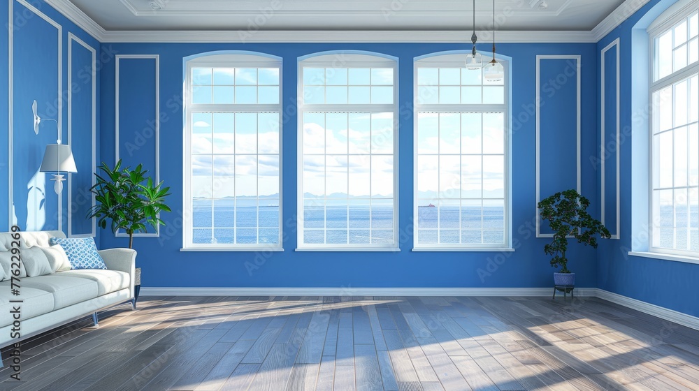 Fototapeta premium Empty blue living room with large windows generative ai