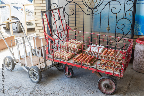 Eggs on a cart at a market in Bukhara.
