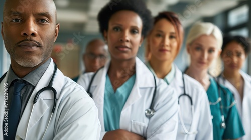 A group of doctors, led by a male doctor of African descent, are standing in a line with their arms crossed and staring intently forward. photo