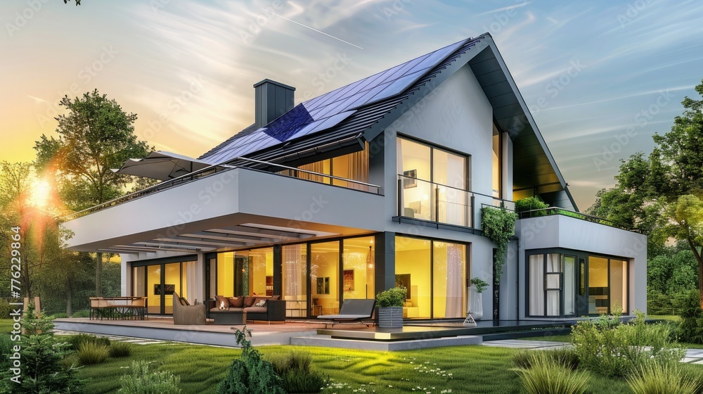 Modern house with solar panels on the roof against the sunset sky, real estate concept. Exterior of a modern house in white and black with photovoltaic system.